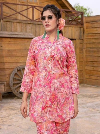 Pink Tropical Floral Printed Co-Ord Set with Straight Pants