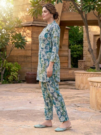 Teal Bloom Printed Co-Ord Set with Straight Pants