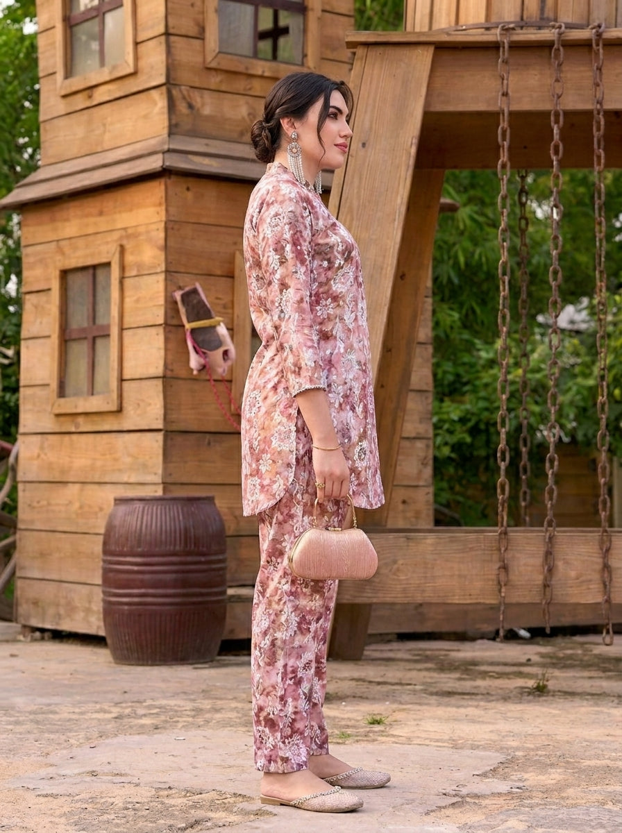 Rosewood Floral Printed Co-Ord Set with Straight Pants