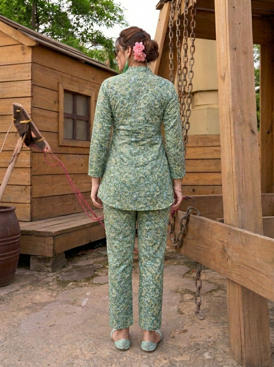 Olive Green Paisley Printed Co-Ord Set with Straight Pants