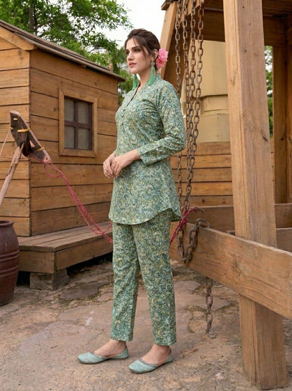 Olive Green Paisley Printed Co-Ord Set with Straight Pants