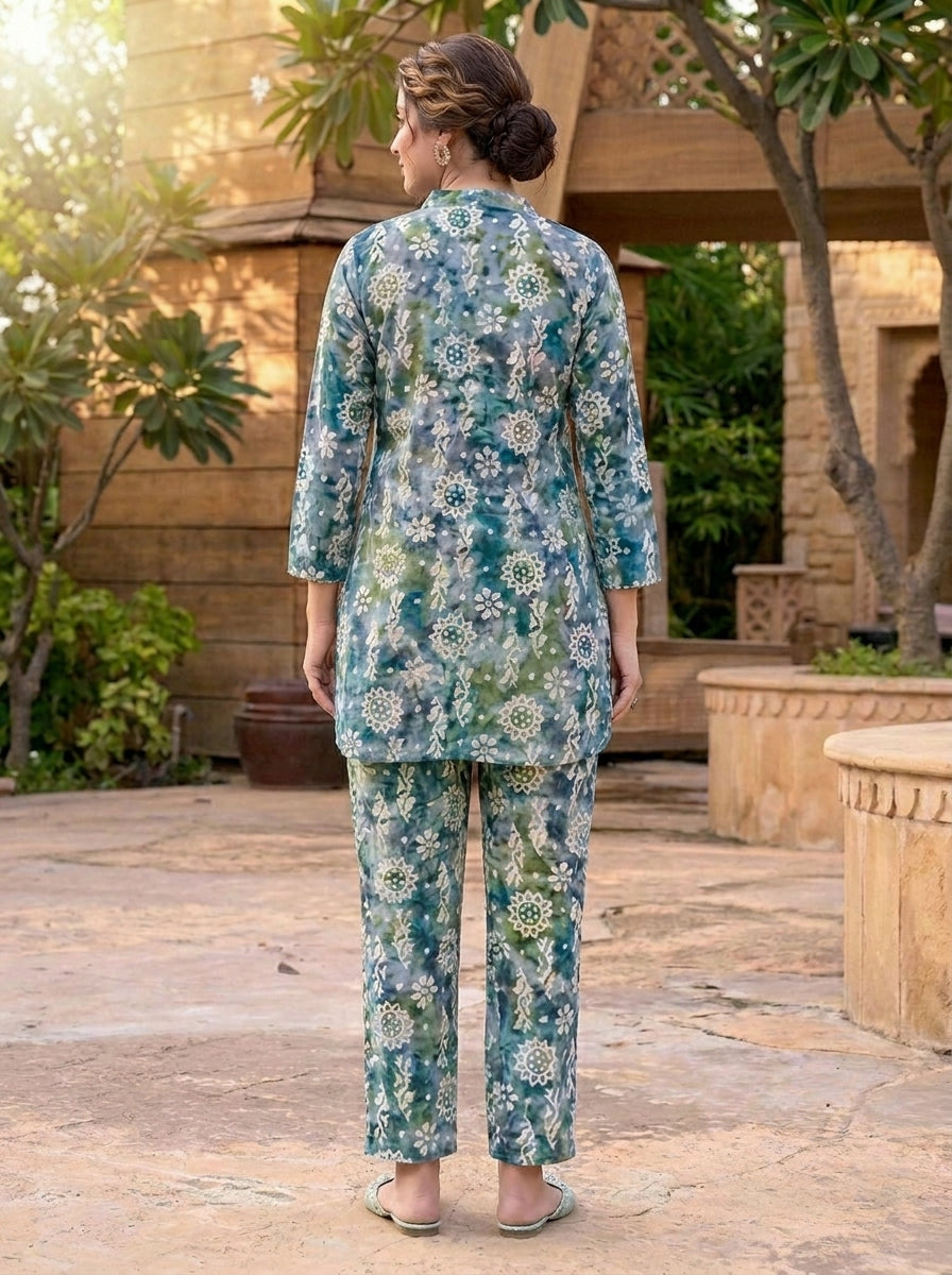 Teal Bloom Printed Co-Ord Set with Straight Pants