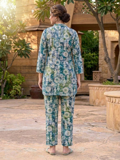 Teal Bloom Printed Co-Ord Set with Straight Pants