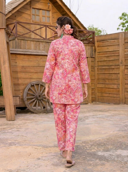 Pink Tropical Floral Printed Co-Ord Set with Straight Pants