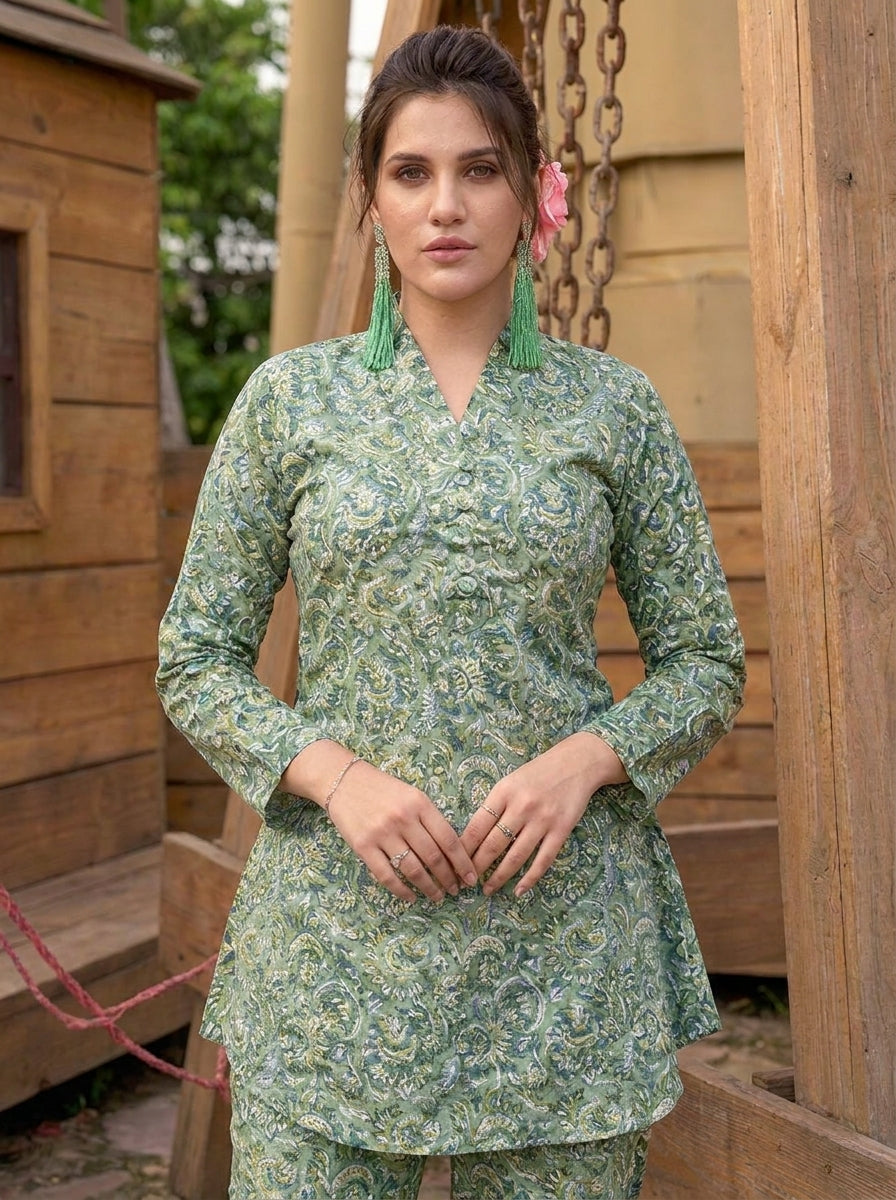 Olive Green Paisley Printed Co-Ord Set with Straight Pants