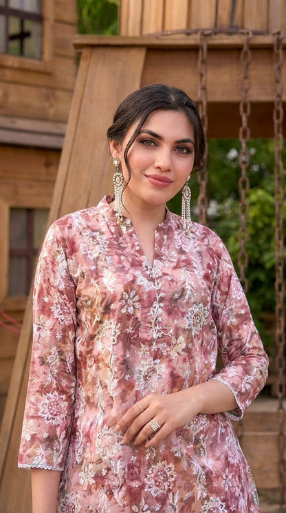 Rosewood Floral Printed Co-Ord Set with Straight Pants