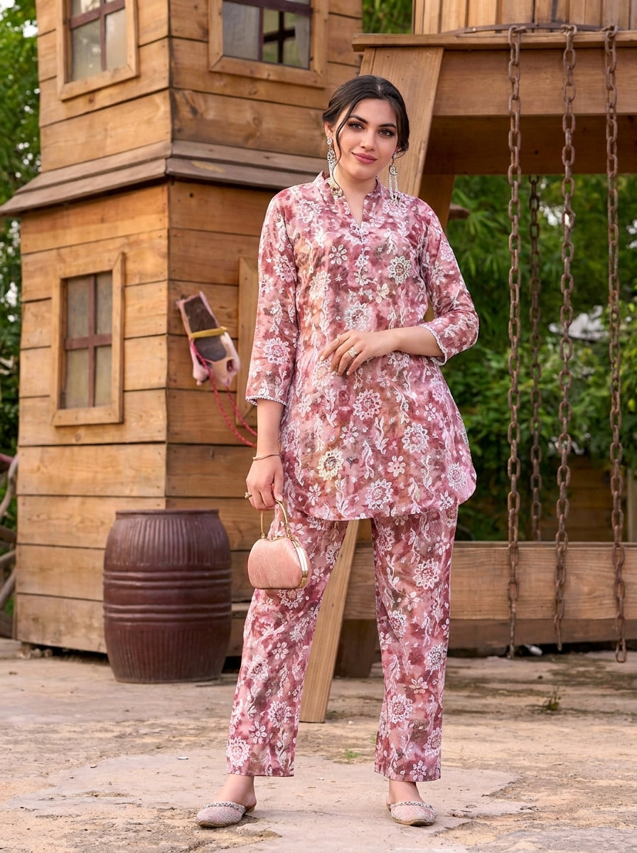 Rosewood Floral Printed Co-Ord Set with Straight Pants
