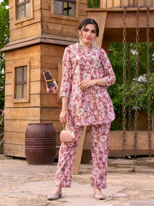 Rosewood Floral Printed Co-Ord Set with Straight Pants