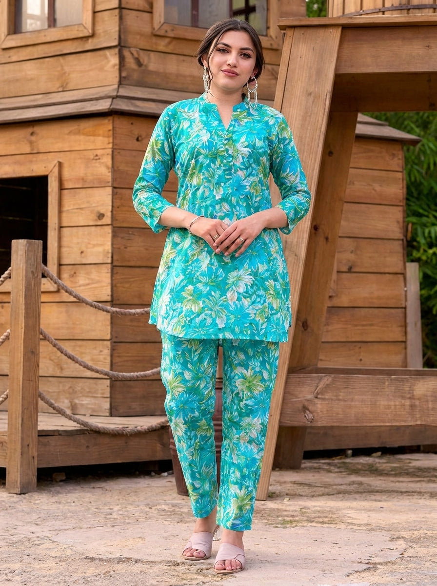 Turquoise Bloom Co-ord Set – Floral Printed
