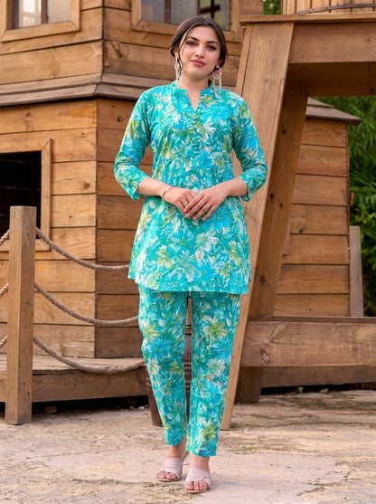 Turquoise Bloom Co-ord Set – Floral Printed