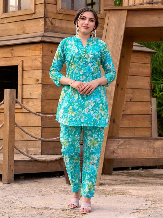 Turquoise Bloom Co-ord Set – Floral Printed