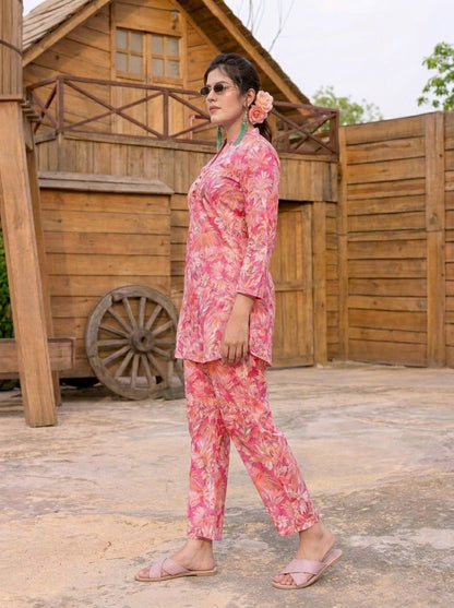 Pink Tropical Floral Printed Co-Ord Set with Straight Pants