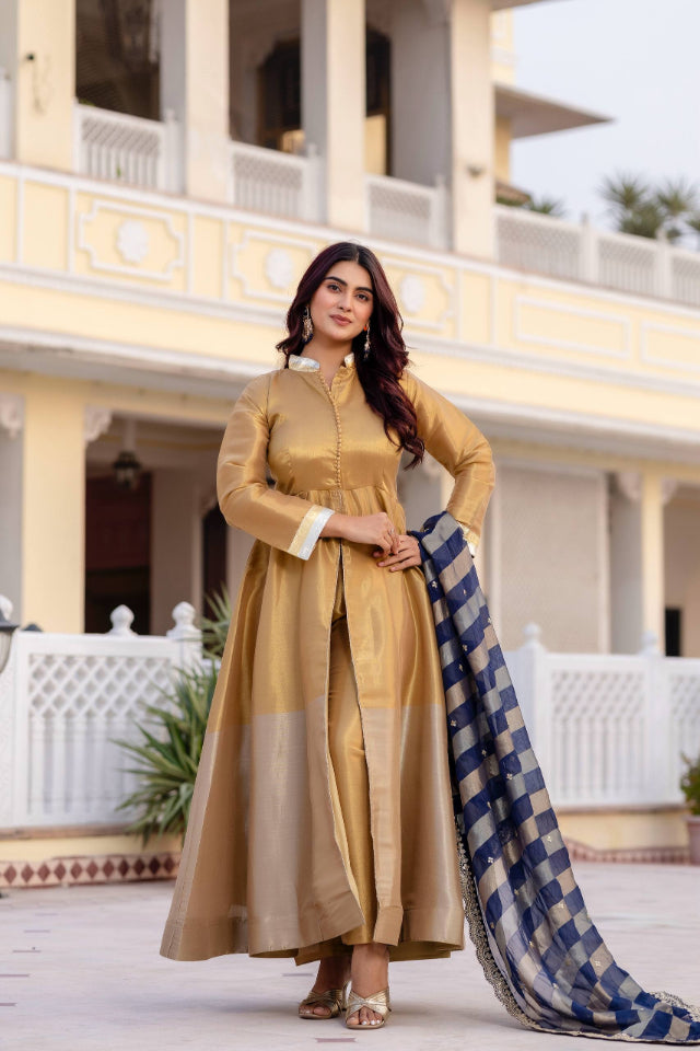 Rang Kasumbi Banarasi Gown Set with Pant & Dupatta