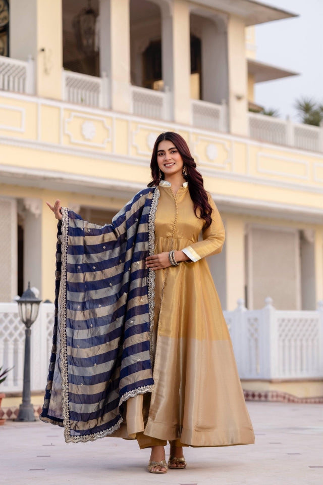 Rang Kasumbi Banarasi Gown Set with Pant & Dupatta