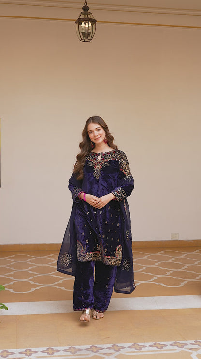 Designer Velvet Kurti, Pant & Dupatta Set