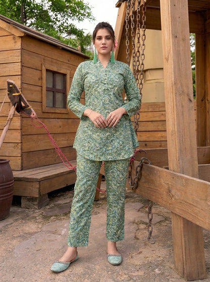 Olive Green Paisley Printed Co-Ord Set with Straight Pants