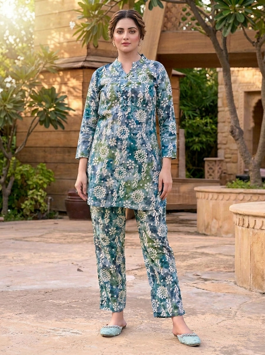 Teal Bloom Printed Co-Ord Set with Straight Pants