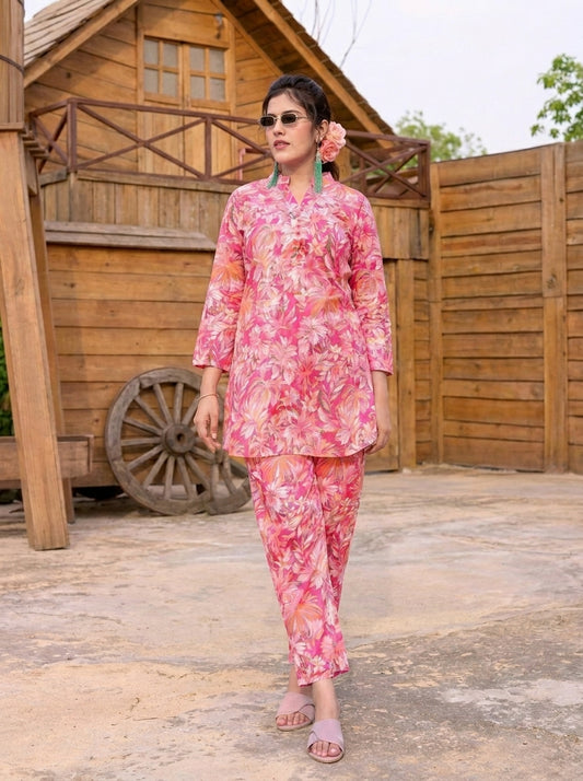 Pink Tropical Floral Printed Co-Ord Set with Straight Pants